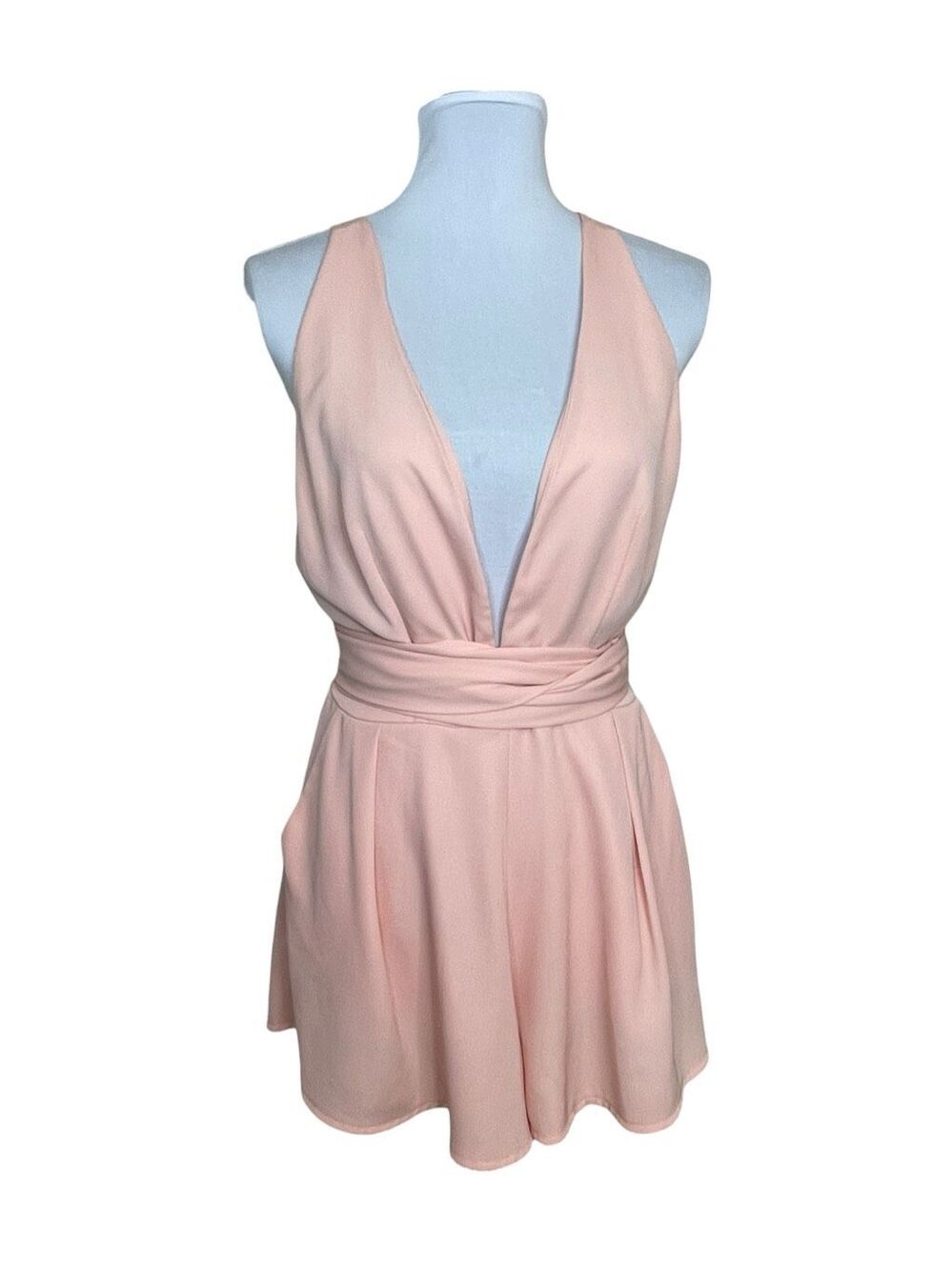 Mia Plunge Neck Cross Back Romper Pastel Pink Peach Size Medium